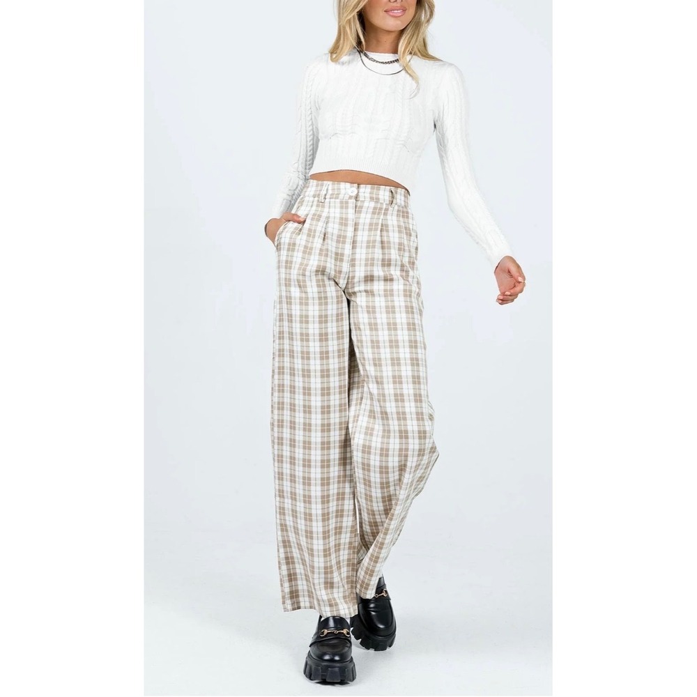 Princess Polly Archer‎ Plaid Wide Leg Trousers Pants Beige Tan Cream Women Sz 4